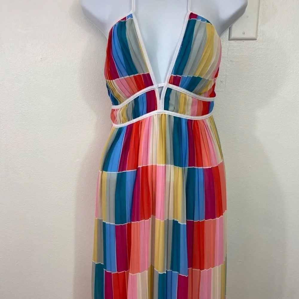 Fate Rainbow Multicolored Maxi Dress 
S Deep Vneck Cocktail New Imperfections - Picture 3 of 14